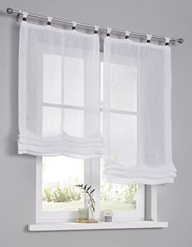 Raffrollo Raffgardine mit Schlaufen Brondby Boule weiß. Mit Zierkugeln für die Schlaufen. Holzperlen/Dekokugeln mit Bohrung aus Holz - Buche braun lasiert (80 x 140 cm)