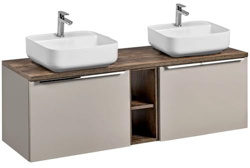 Lomadox Doppel Waschtisch Unterschrank Set 160cm, in Taupe mit Vintage Eiche, 2 Keramik-Aufsatz Waschbecken, Softclose-Schubkästen, B/H/T 140,4/62,5/46 cm