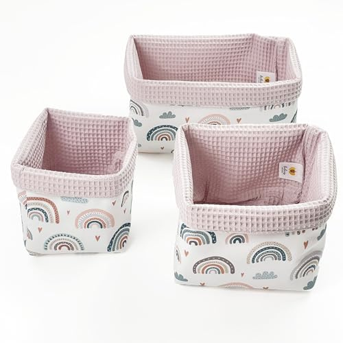 BABEES Aufbewahrungskorb Wickeltisch Baby, Körbchen Set 3 Stück, Organizer Wickelkommode, Utensilo Aufbewahrungsbox Badezimmer (RAINBOW)