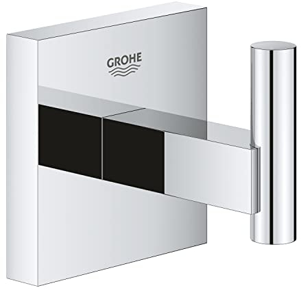 GROHE Start Cube Robe Hook - Bathroom Wall Mounted Shower Towel Hanger (Metal, Concealed Fastening, Including Screws and Dowels), Extra Easy to Fit with GROHE QuickGlue, Chrome, 40961000