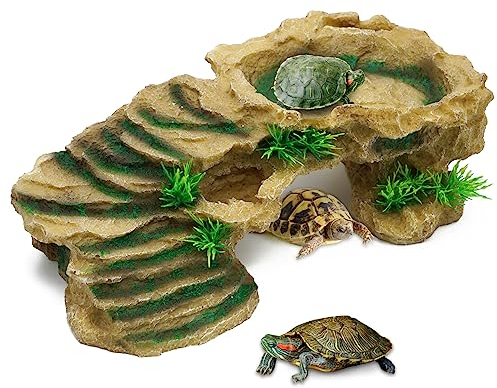 BREUAILY Reptilienrampe, Plattform, Kunstharz, Schildkröte, Sonnenplattform mit Kletterrampe, Reptilienversteck, Höhle, Lebensraum, Ornament für Bartagamen, Eidechsen, Frösche