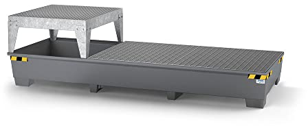 Auffangwanne pro-line aus Stahl für 3 IBC, lackiert, 1 Abfüllbock und 2 Gitterrosten