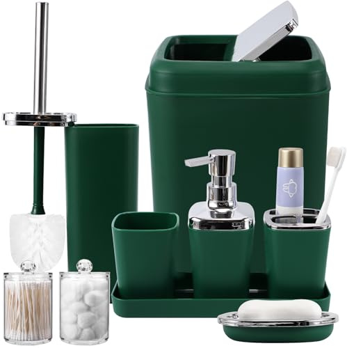XLHOMO Dunkelgrünes Badezimmer-Zubehör-Set, mit Mülleimer, Zahnbürstenhalter, Zahnbürstenbecher, Seifenspender, Seifenschale, WC-Bürstenhalter, 2 Q-Tip-Halterspender und Tablett