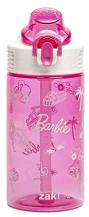 Zak Designs Sage Barbie Water Bottle For School or Travel, 16oz Durable Plastic Water Bottle With Straw, Handle, and Leak-Proof, Pop-Up Spout Cover (Barbie)