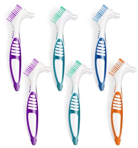 TaShow 6 Pcs Denture Brush Set for False Teeth, Denture Toothbrushes with Double Sided Design, Denture Cleaning Brush with Multi-Layered Soft Bristles and Rubber Anti-Slip Handle, 4 Colors