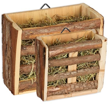 Relaxdays Heuraufe 2er Set, Futterraufe für Kaninchen & Meerschweinchen, 2 Größen, Heuspender zum Einhängen, Holz, Natur