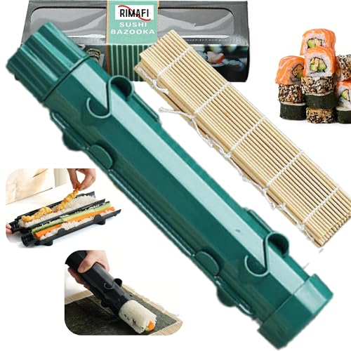 RIMAFI Utensilios de cocina, Kit completo para hacer sushi en casa, máquina para hacer sushi bazooka DIY con esterilla de bamboo natural, Sushi roller machine, sushi making kit.