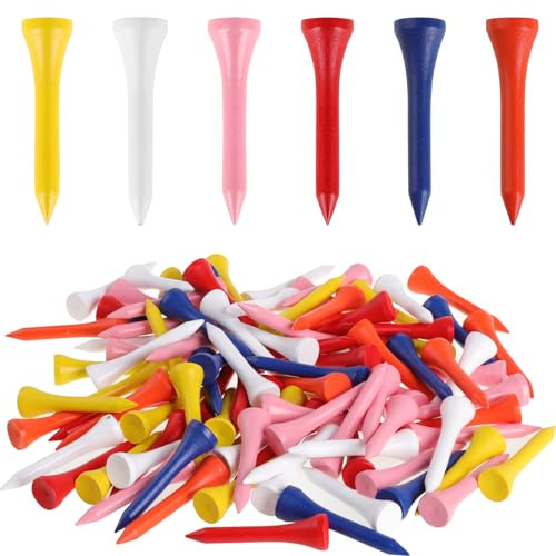DAJISI 100 Stück Golf Tees Holz, Golf Zubehör 42 MM Golf Tees Kunststoff Farbe Golf Tees für Driver 6 Farben Tee Golf für Anfänger und Professionelle Golfer