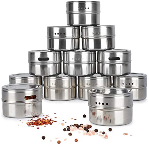 Oak & Steel - Magnetische Gewürzdosen aus Edelstahl (100ml, Silber) - Gewürzbehälter mit Deckel - 2-in-1 Gewürzstreuer zur Aufbewahrung mit magnetischer Dosierhilfe (24)