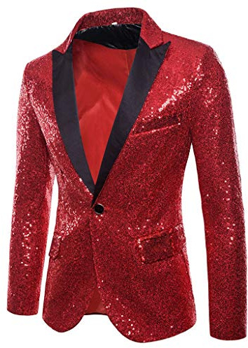 Rrongwn Chaqueta de traje con purpurina para hombre, chaqueta de traje, chaqueta deportiva con purpurina, traje de lentejuelas, corte ajustado, disfraz de brillo, blazer de esmoquin, rojo, S