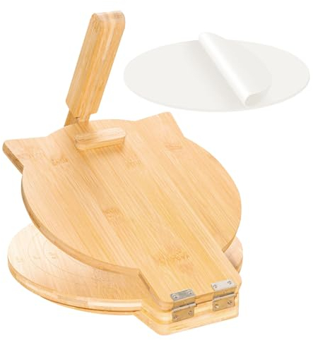 Bamboo Tortilla Press 10 Inch Wooden Tortillas Maker with 100PCS Parchment Paper Large Tortillera Presser for Mexican Taco, Pataconera, Dough Press
