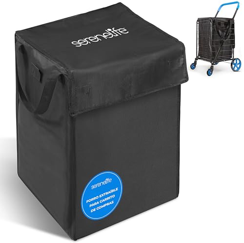 SereneLife Einkaufswagentasche, Shopping Trolley Bag für alle gängigen Einkaufswagen, Faltbare Einkaufswagentasche, Wasserdicht & Reißfest, Tasche zum Einhängen 57x44x36cm, Schwarz