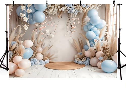AIBIIN Boho-Fotografie-Hintergrund, blauer Ballon-Pampasgras, Dekor-Hintergrund für Neugeborene, Geburtstagsparty, Kuchen, Smash, Foto-Requisiten, 2,1 x 1,5 m