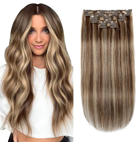 XDhair Clip in Extensions Echthaar,100g 35cm Schokoladenbraun Mit Karamellblond Highlights Extension Echthaar Remy Clip in Haarverlängerung (#4P/27-14 Zoll)