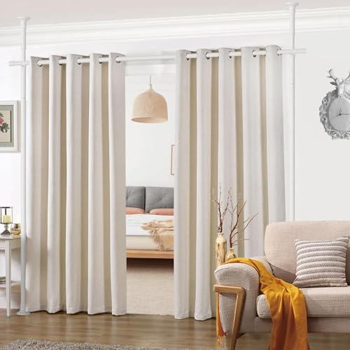Starbover Raumteiler Gardinenstange, Paraventgestell Trennwand Keine Bohrung, Verstellbar Flexibel von Boden bis Decke 178 x 317 cm, freistehende Stange Meall für Wohnzimmer, Schlafzimmer, Büro, Weiß