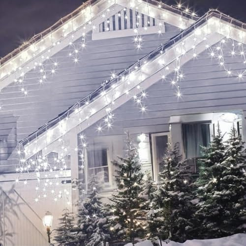 damastoreitalia Tenda Luminosa Natalizia 10 metri Stalattiti a LED 380 Luci Bianco freddo + Flash Bianco Freddo per Interno ed Esterno IP44 (Luce fredda + flash bianco, 10 Metri)