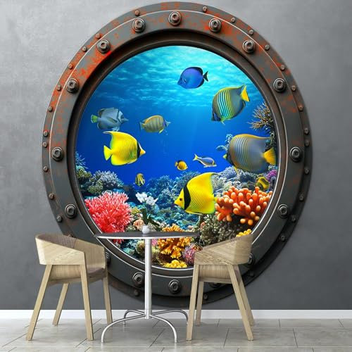 Carta da Parati Oceano Pesce 3D Con Finestre Metallo fotomurale da parete, 150×105 cm Murale Decorazione Muro Poster Gigante Design fotomurali Soggiorno Camera