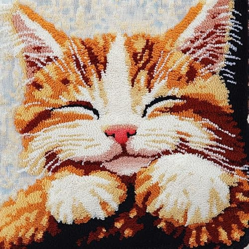 WallustrioaW süße Tiere DIY knüpfen set kissen,lächelnde Katze,knüpfhaken set Kissenbezug Häkelgarn Nadel Basteln,handgefertigtes Kissen für Zuhause,Sofa-Dekoration,43x43cm