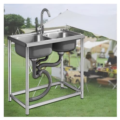 Fregadero De Doble Seno Para Restaurante Comercial, Fregadero De Acero Inoxidable 304 De 2 Senos, Fregadero De Cocina Independiente, Fregadero De Uso Independiente Con Escurridor Y Grifo(72*38cm/28.3*