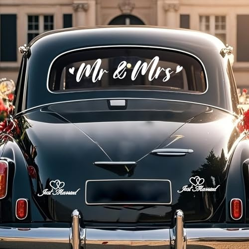 Herr und Frau Just Married Auto Aufkleber Set, Herr und Frau Auto Hochzeit Aufkleber Selbstklebende gerade verheiratete Dekorationen für Auto Fenster Spiegel Honeymoon Hochzeit