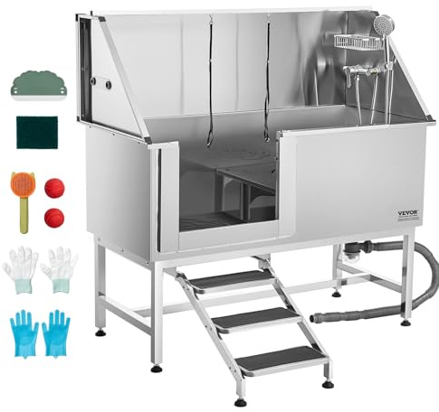 VEVOR Stainless Steel Dog Washing Station, Professional 62 inch Pet Grooming Tub w/Stairs, PE Water Filter Board, Faucet & Showerhead & Soap Holder Bathtub for Large & Medium & Small Pets (Left Door)