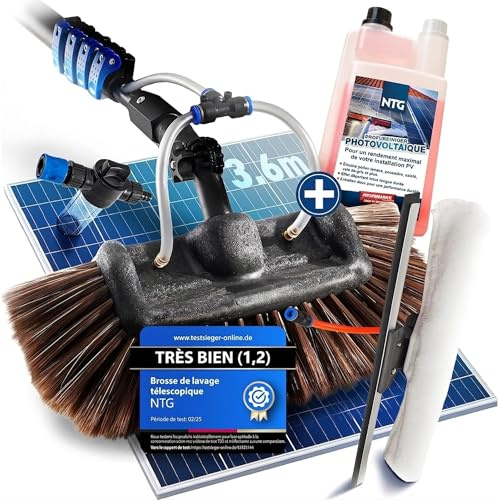 NTG Cepillo de lavado telescópico de 4,6 m, 3 en 1, incluye detergente, cabezal de cepillo con cerdas extrasuaves, paño de microfibra y extractor + conexión de agua, set de limpieza de plantas