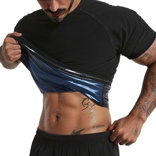 FEVOHOT Sauna Shirt for Men Short Sleeve Compression Sweat Suit Loss Body Shaper T-Shirt Heat Trapping Workout Gym Exercise, Black, XXXXX-Large