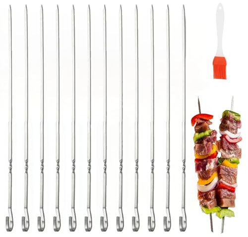 50 stycken grillspett rostfritt stål, 40 cm långa grillspett, kebabspett, köttspett, för kött, grönsaker, återanvändbar grillkabb, grillskewers kebab för lägereld eller grillskål