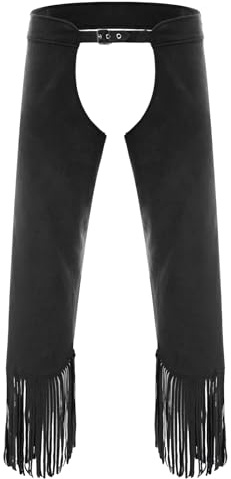 inlzdz Mens Vintage Cowboy Chaps Halloween Costume Faux Suede Pants Cut Out Tassel Split Trousers Black XXL