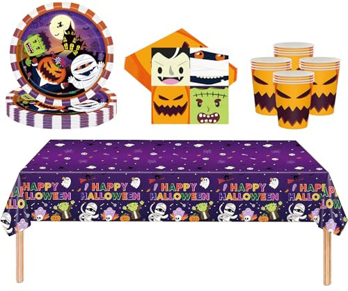 53Pcs Halloween Party Tableware Set for Table Decor,Cartoon Orange 137x274cm Large Plastic Tablecloth Halloween Party Paper Plates Cups Napkins Dinnerware Set for Scary Favor Tableware