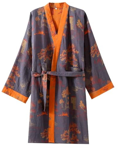CRETUAO Bata kimono ligera para hombre 100% algodón pijama japonesa cómoda para spa sauna yukata absorbente de agua bata de baño estampada,Naranja,L