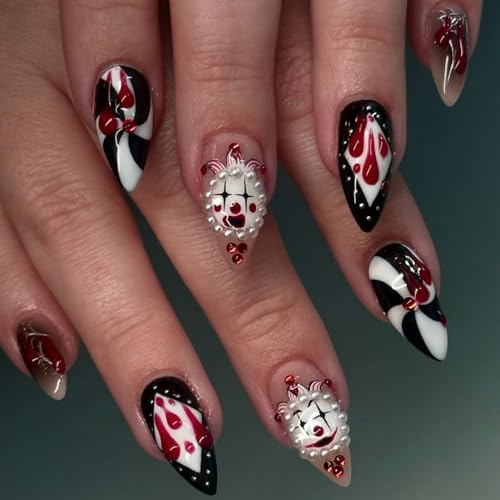 Halloween Short Almond Press On Nails - Circus Clown Reusable Fake Nails - Blood Drop Stripes & Ghost Face Design - Stick on Nails with Glue for Women - Diamond Shaped Pattern False Nails