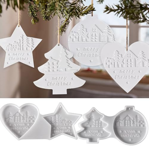 Moules à Pendentifs de Noël en Silicone - Lot de 4 Modèles: Arbre, Étoile, Cœur et Boule