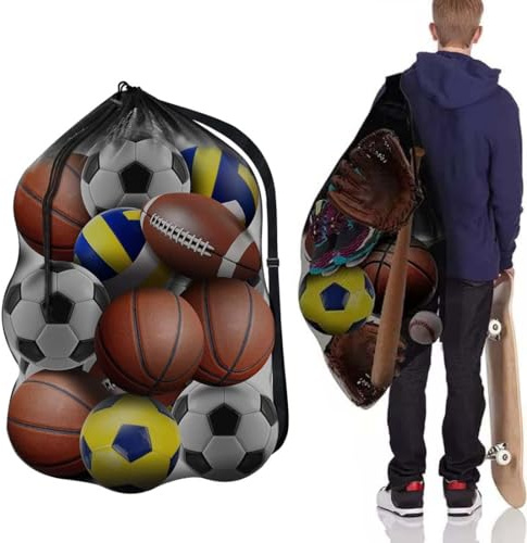 1 Pezzo Mesh Ball Bag Large, Sacchetto di Rete Borsa a Tracolla con Coulisse 15-20 Sacca per Palloni da Calcio 100x75cm per Basket Volley Rugby(Nero)