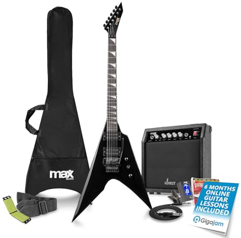 Max GigKit V Style Beginner Electric Guitar Pack, Full Size V Guitar & 40W Amplifier with Cleaner – Complete Starter Kit, Gloss Black, Headphone Jack, Microfibre String Tool, Accessories Included