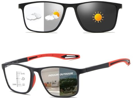 Snygga progressiva multifokala fotokromatiska läsglasögon för män och kvinnor, TR90-glasögon med flexibla bågar, blåljusskyddande läsglasögon(Black/Red,2.0 x)