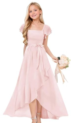 Mjjsk Vestito da Bambina, Elegante, Estivo, in Chiffon, con Volant, Maxi Abito da Damigella d'Onore, da Sera, per Feste di Compleanno, Rosa, 13-14 Anni