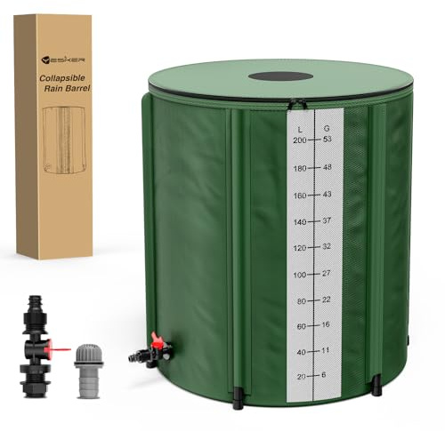 Yesker Collapsible Rain Barrel, 53 Gallon Portable Rainwater Collection System, 550D PVC Water Storage Tank, Rain Catcher with Spigots Filter Overflow Kit, Green