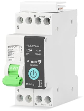 Cocoarm Strömbrytare, PA66 WiFi Intelligent Strömbrytare 1P 16A 6kA med APP Kontrollmätning Timing Röststyrning för Elektrisk Hushållsanvändning med Home (1P-32A med mätfunktion)