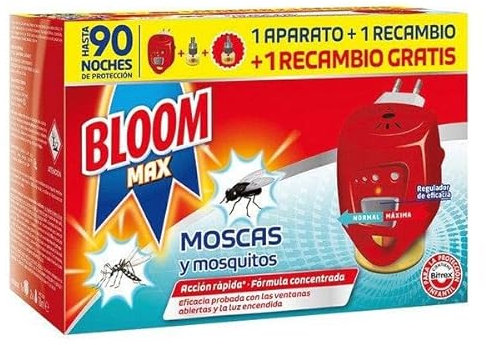 Bloom Max Insecticida Eléctrico Líquido, contra mosquitos común y tigre y moscas, 1 aparato + 2 recambios