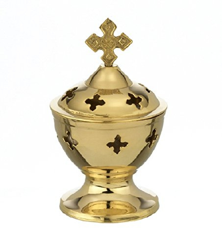 Tisch Rauchfass, Räucherschale mit Kreuz und Einsatzschale aus Messing Gold Höhe 13cm