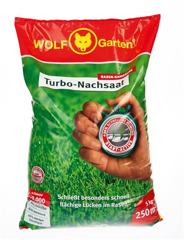 WOLF-Garten Turbo-Nachsaat zur Rasensanierung LR250 (für 250 m2, hohe Dichte mit ca. 70.000 Trieben/m2, für alle Rasentypen geeignet, mit WOLF-Garten Keimgarantie, im 5kg Folienbeutel) 3826050