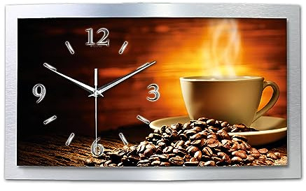 Kreative Feder 3D Designer-Wanduhr Kaffeegenuss in modernem Metallic-Design; leise Funkuhr mit Motiv wahlweise in Zwei Größen (WAA121, 50x30cm; leises Funkuhrwerk)