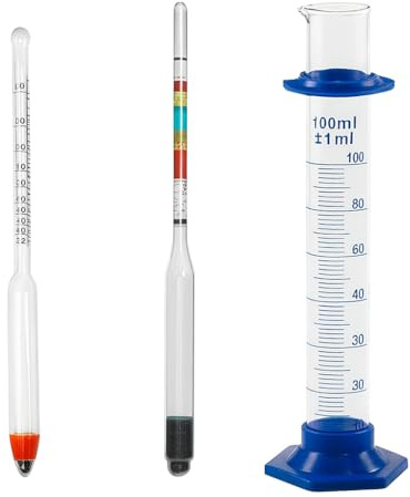 Alkoholmeter 0–100 % + Dreifachskalen-Hydrometer SG + Glasmesszylinder 100 ml – Präzisionsset für Spirituosen, Bier & Wein