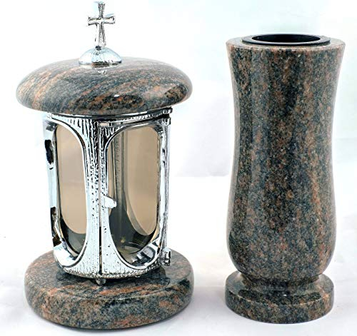 designgrab Grablampe aus verchromtem Aluminium mit Kreuz und Grabvase in Granit Himalaya