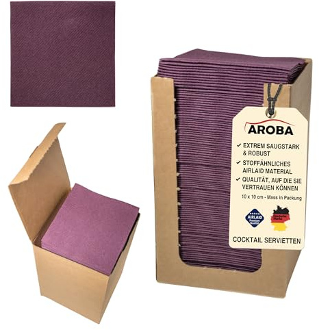 100 Aroba Airlaid Cocktail Servietten Stoffähnlich Dessert Serviette 20x20 cm 1/4 Falz Hochwertig|21 Farben|Hochzeit Geburtstag Bar Caffee Disco Hotel Catering Party Violett