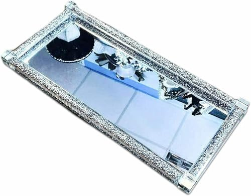 Crushed Diamond Decor Serving Tray Trimmings Mirror Crystal Filled Diamond Kitchen Silver, Luxury Serving Platters & Desserts, Diamante Kitchen Accessories, Size: 38 x 18 cms