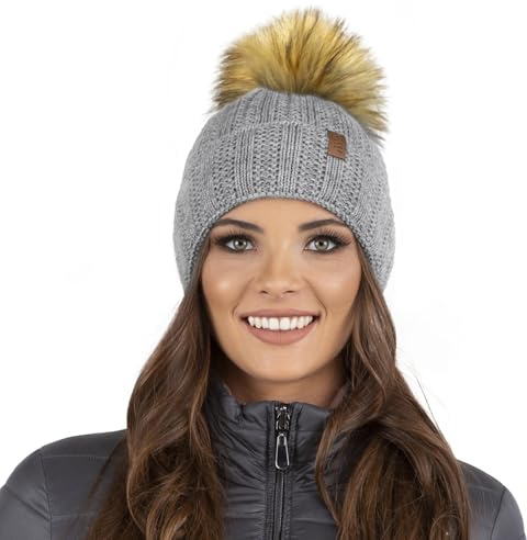 Vivisence Gorro para Damas con Pompón De Piel Sintética Hecho De Tejido Cálido Y Suave Ajuste Ideal para Invierno Y Actividades Al Aire Libre Talla Única Elegante 7019, Gris Claro,Talla Única