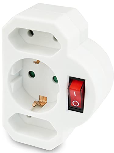 PERFECT Stromsparsteckdose - 3-fach - Mehrfachsteckdose 2x Euro und 1x Schuko - Zwischenstecker mit Schalter - schaltbare Steckdose - Schutzkontaktsteckdose - beleuchteter Schalter - 1 Stück