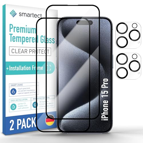 smartect Schutzglas 2 + 2 Stück Full Sreen für iPhone 15 Pro | Displayschutz + Kameraschutz, inkl. Positionierhilfe, HD Panzerfolie Anti-Kratzer, 0.3 mm Ultra-klar, 9H Härte, Blasenfrei